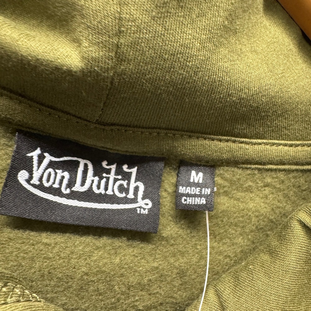 Von Dutch Hoodie Womens Medium M Pullover Olive Green Fleece Crop NEW - Picture 2 of 6